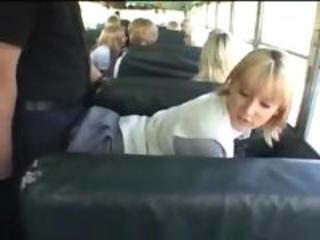 Blonde girl and asian guy in the bus