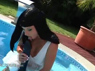 Brunette Cute Dildo Extreme Outdoor Pool Teen Toy